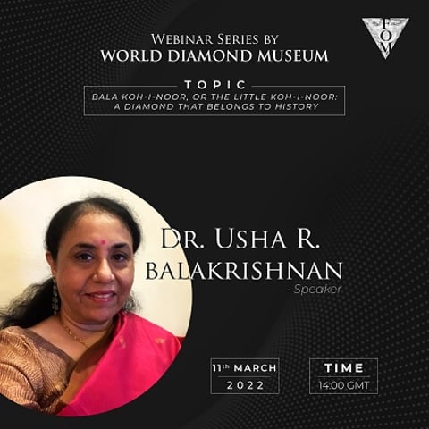 Historian Dr Usha R Balakrishnan to speak at The World Diamond Museum Webinar tomorrow